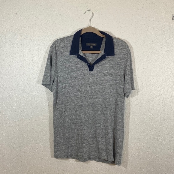 Banana Republic “Premium Linen” Heathered Gray w/Navy Blue Collar Polo Shirt - Picture 1 of 7